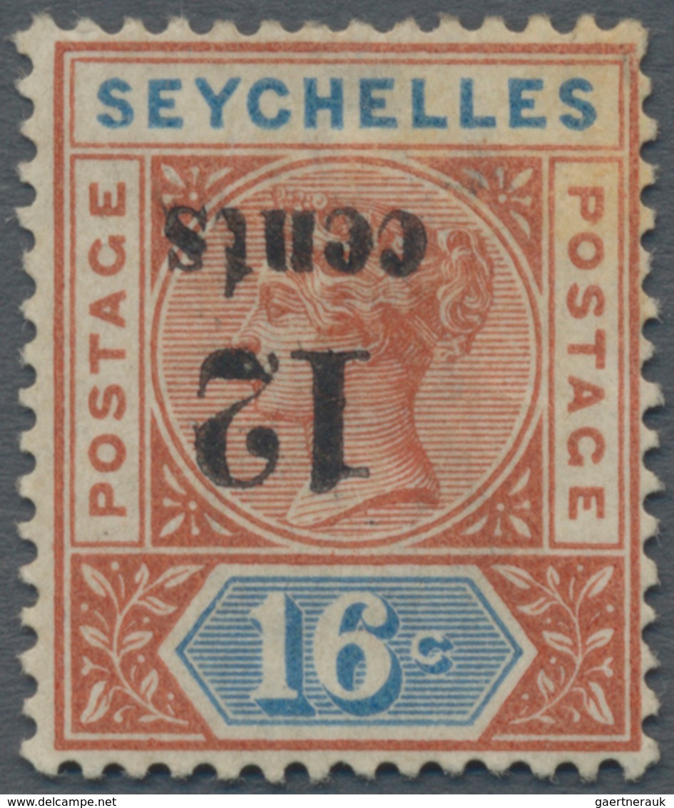 Seychellen: 1893 QV 12c. On 16c. Chestnut & Blue, Variety "OVERPRINT INVERTED", Mounted Mint, Fine. - Seychelles (...-1976)