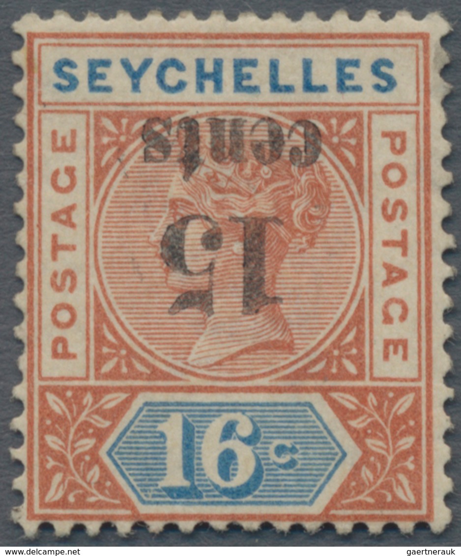 Seychellen: 1893 QV 15c. On 16c. Chestnut & Blue, Variety "OVERPRINT INVERTED", Mint Lightly Hinged, - Seychelles (...-1976)