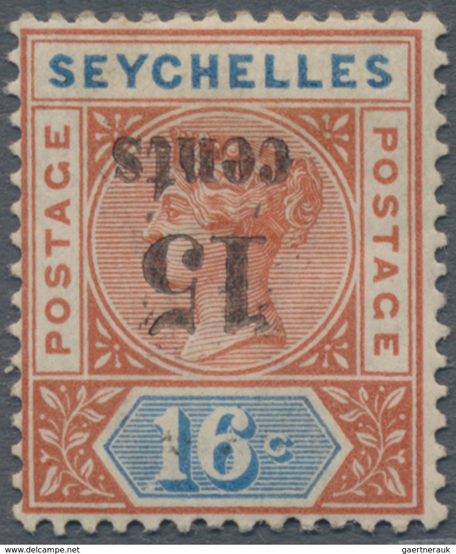 Seychellen: 1893 QV 15c. On 16c. Chestnut & Blue, Variety "OVERPRINT INVERTED", Mint Lightly Hinged, - Seychelles (...-1976)