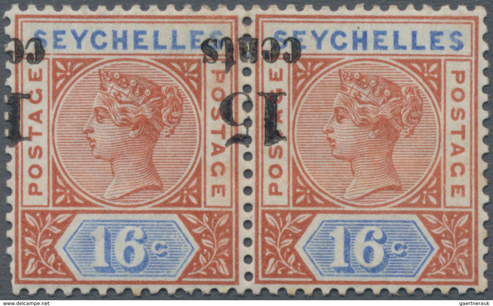 Seychellen: 1893 QV 15c. On 16c. Chestnut & Blue Horizontal Pair, Variety "OVERPRINT INVERTED & SHIF - Seychelles (...-1976)