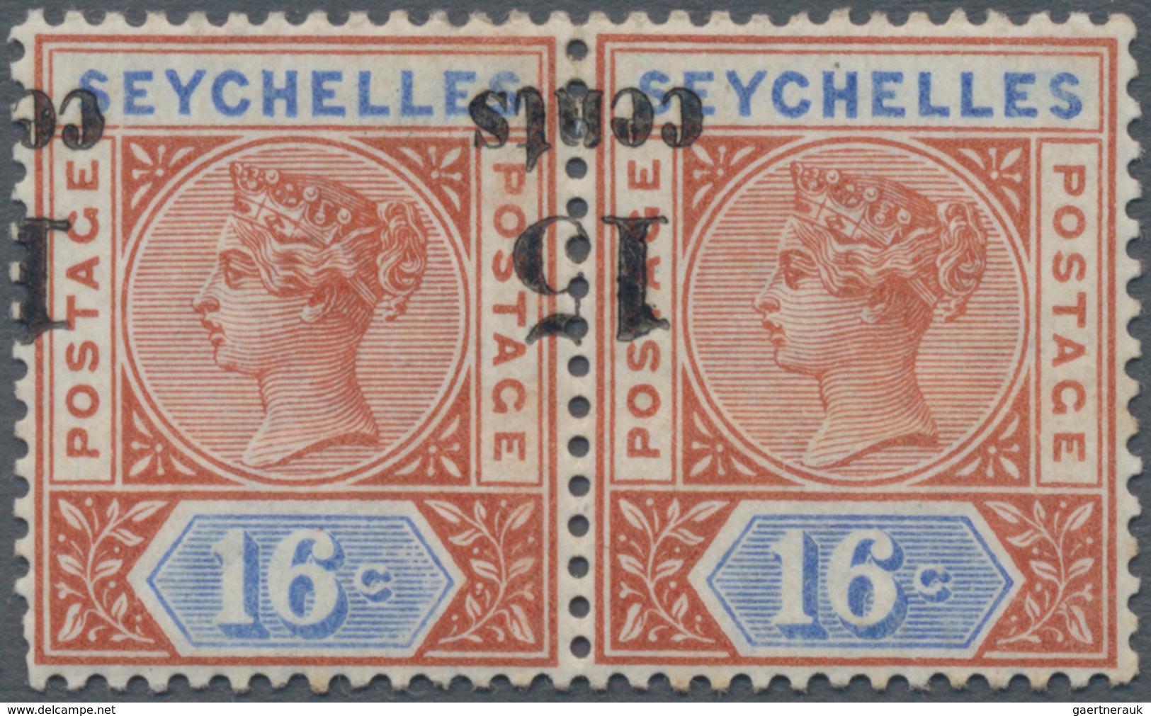 Seychellen: 1893 QV 15c. On 16c. Chestnut & Blue Horizontal Pair, Variety "OVERPRINT INVERTED & SHIF - Seychellen (...-1976)