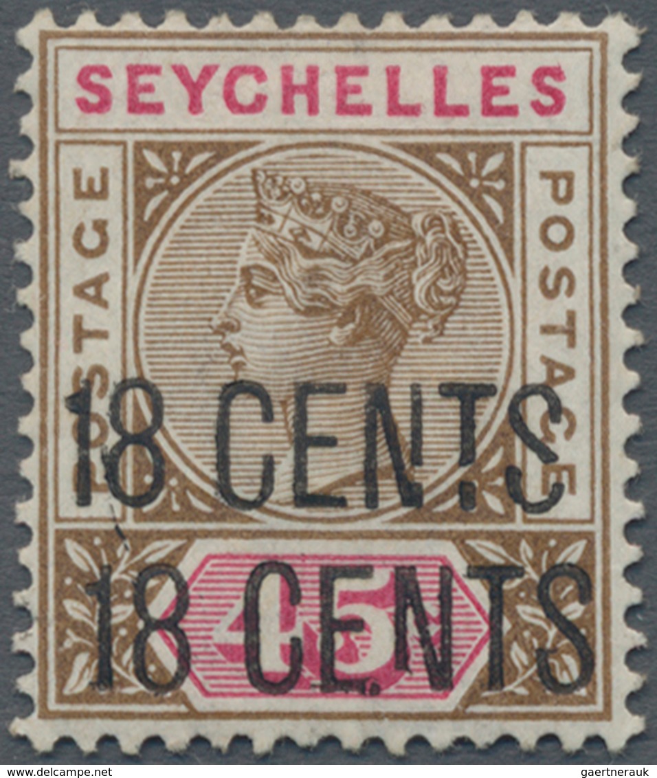 Seychellen: 1896 QV 18c. On 45c. Brown & Carmine, Variety "OVERPRINT DOUBLE", Mint Lightly Hinged, F - Seychelles (...-1976)