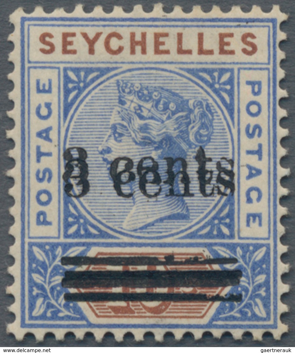 Seychellen: 1901 QV 3c. On 10c. Bright Ultramarine & Brown, Variety "OVERPRINT Double", MINT NEVER H - Seychelles (...-1976)