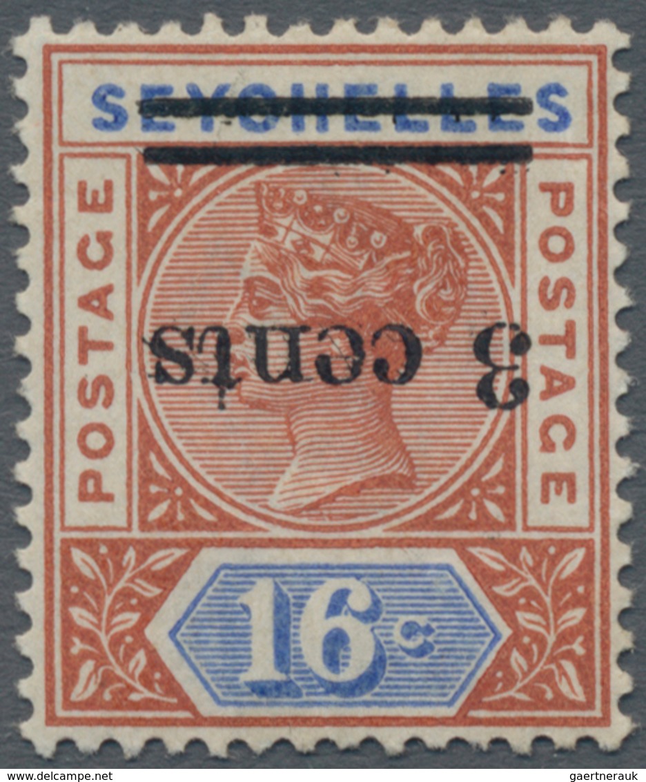 Seychellen: 1901 QV 3c. On 16c. Chestnut & Ultramarine, Variety "OVERPRINT INVERTED", Mint Lightly H - Seychelles (...-1976)