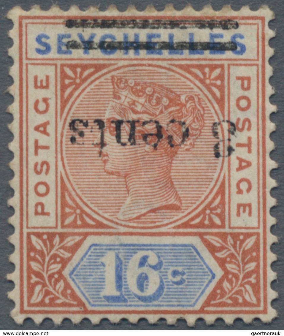 Seychellen: 1901 QV 3c. On 16c. Chestnut & Ultramarine, Variety "OVERPRINT INVERTED", Mint Lightly H - Seychelles (...-1976)