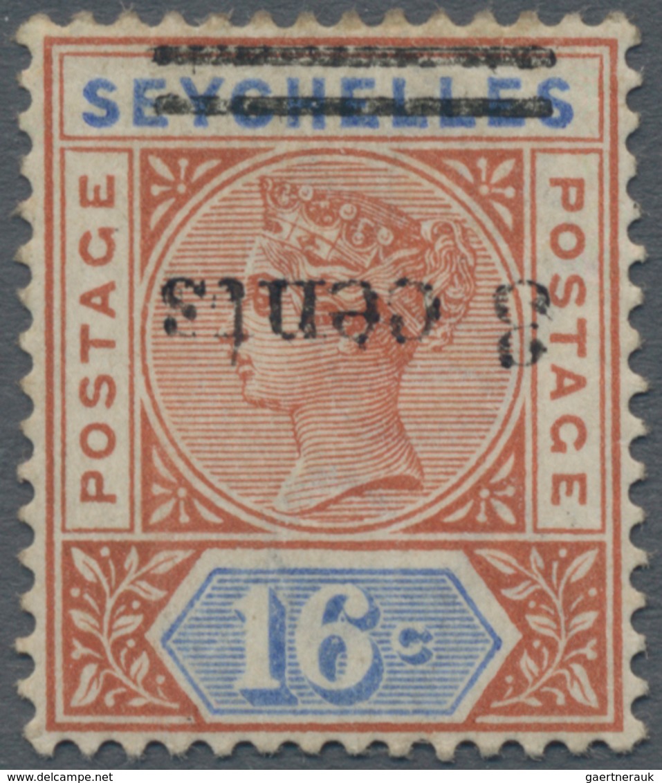 Seychellen: 1901 QV 3c. On 16c. Chestnut & Ultramarine, Variety "OVERPRINT INVERTED", Mint Lightly H - Seychellen (...-1976)