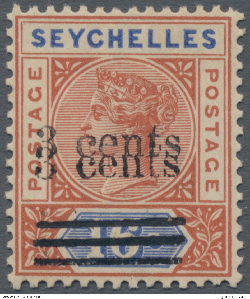 Seychellen: 1901 QV 3c. On 16c. Chestnut & Ultramarine, Variety "OVERPRINT DOUBLE", Mint Never Hinge - Seychelles (...-1976)