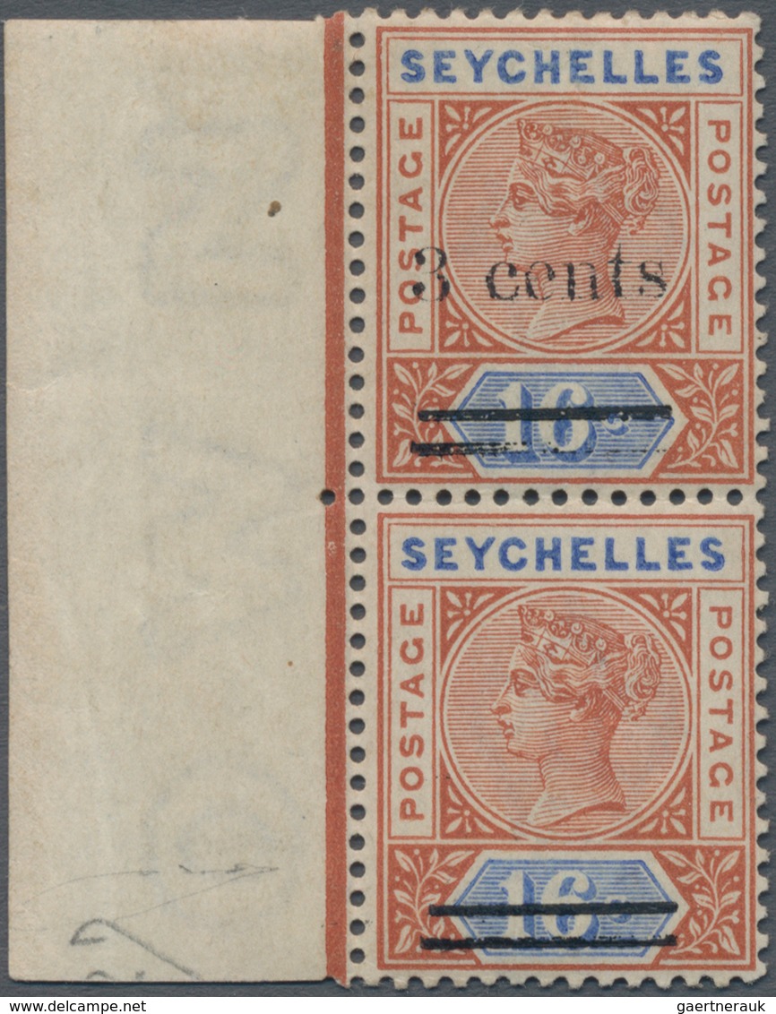 Seychellen: 1901 QV 3c. On 16c. Chestnut & Ultramarine, Left-hand Marginal Pair With Overprint Varie - Seychelles (...-1976)