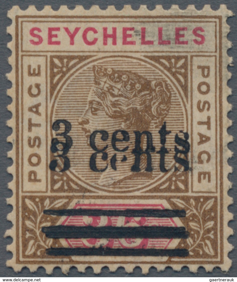 Seychellen: 1901 QV 3c. On 36c. Brown & Carmine, Variety "OVERPRINT INVERTED", Unused Without Gum, F - Seychellen (...-1976)