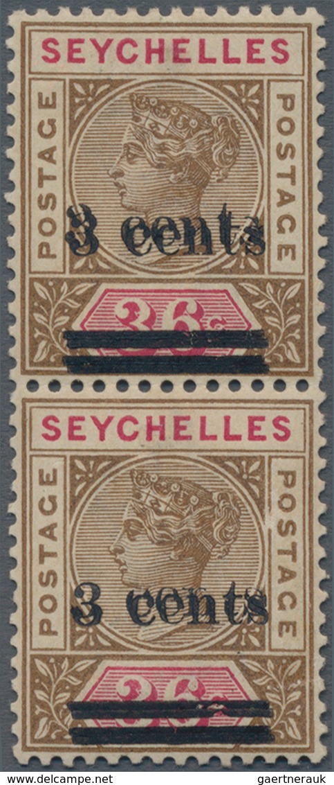 Seychellen: 1901 QV 3c. On 36c. Brown & Carmine Vertical Pair, Variety "OVERPRINT INVERTED" On Both - Seychelles (...-1976)