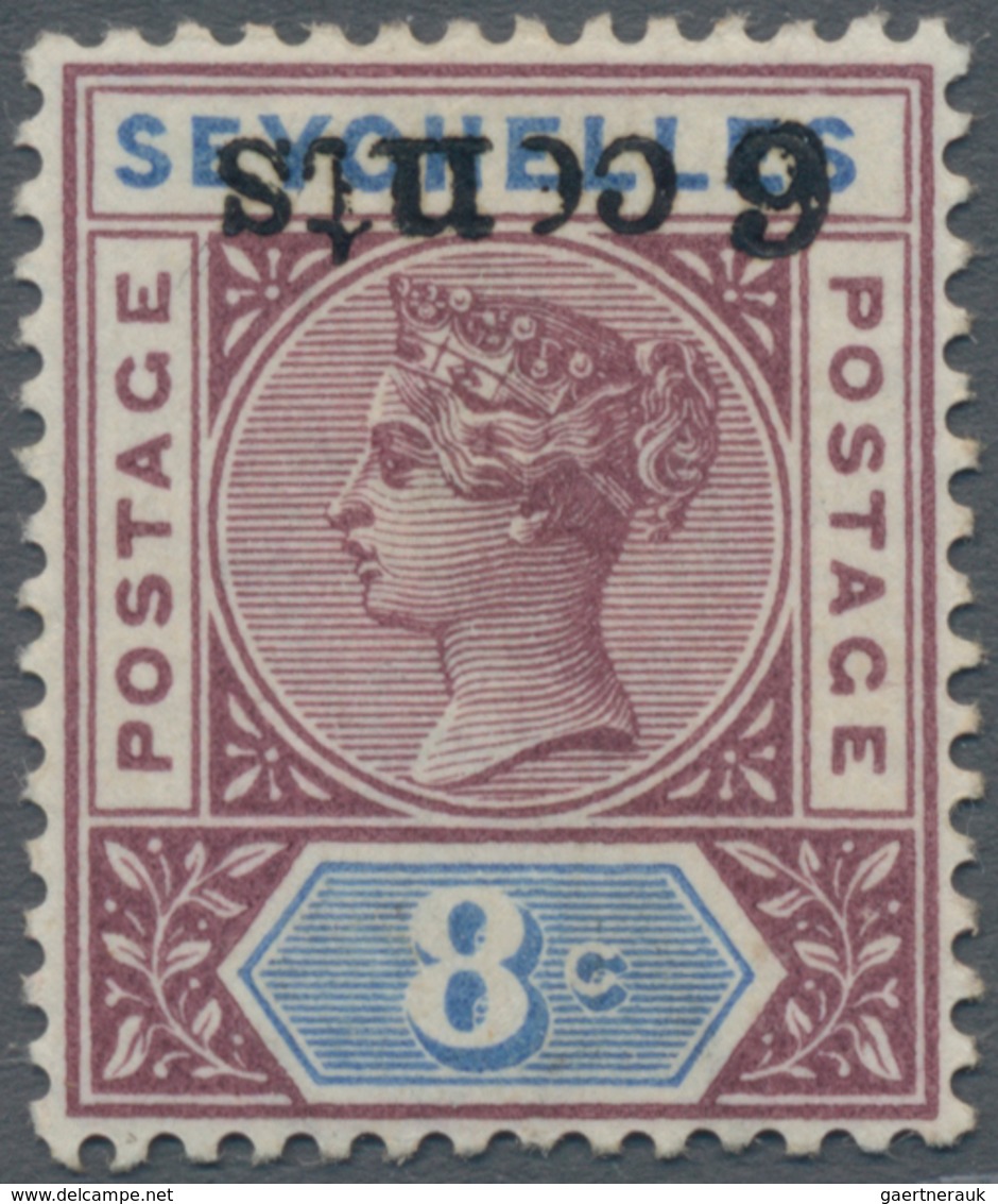 Seychellen: 1901 QV 6c. On 8c. Brown-purple & Ultramarine, Variety "OVERPRINT INVERTED", Mint Lightl - Seychelles (...-1976)