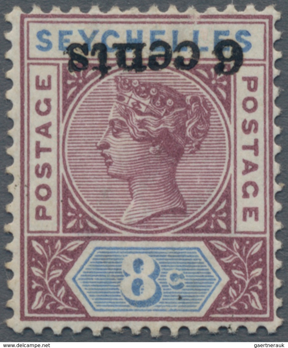 Seychellen: 1901 QV 6c. On 8c. Brown-purple & Ultramarine, Variety "OVERPRINT INVERTED", Mint Lightl - Seychelles (...-1976)