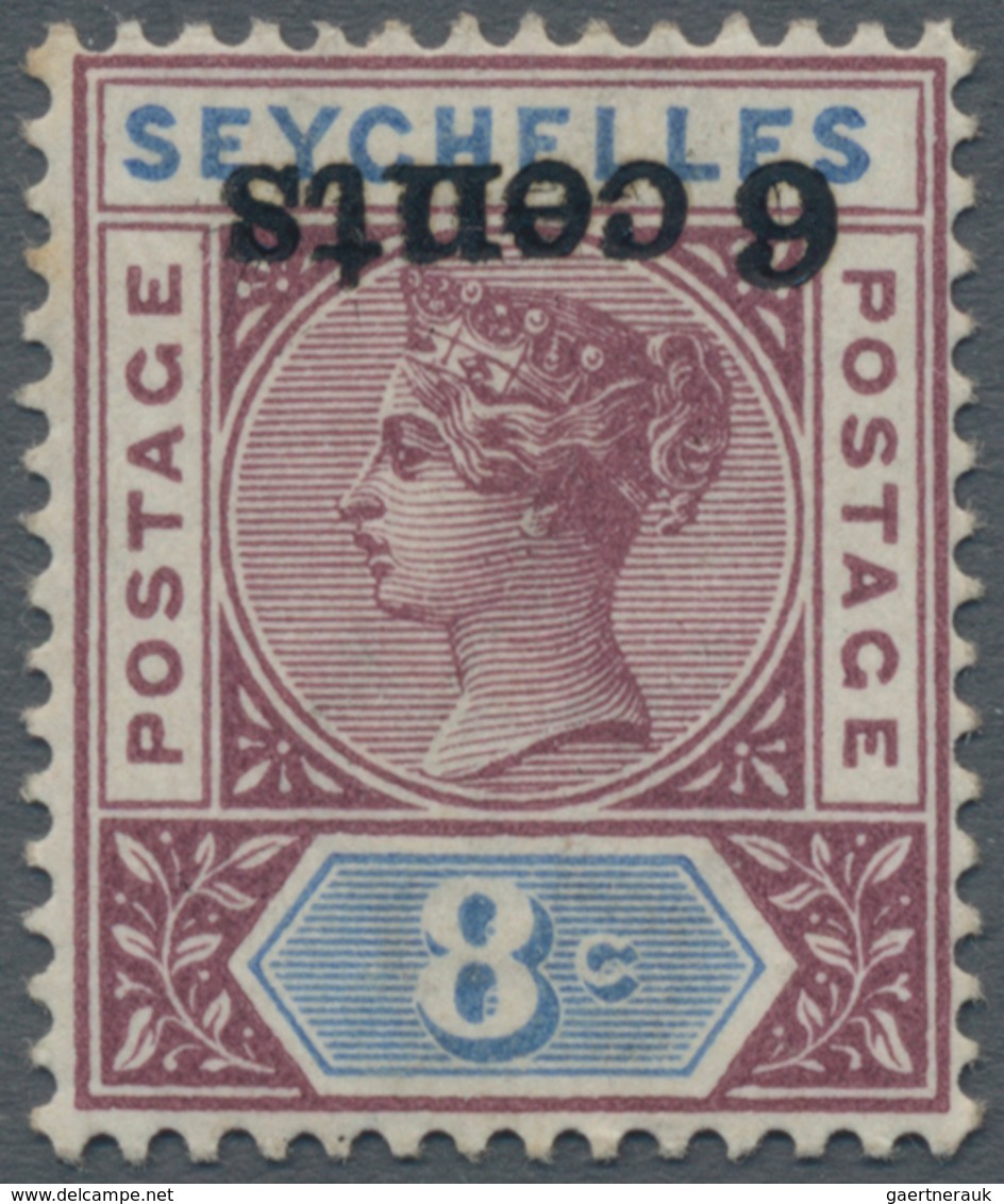 Seychellen: 1901 QV 6c. On 8c. Brown-purple & Ultramarine, Variety "OVERPRINT INVERTED", Mint Lightl - Seychelles (...-1976)