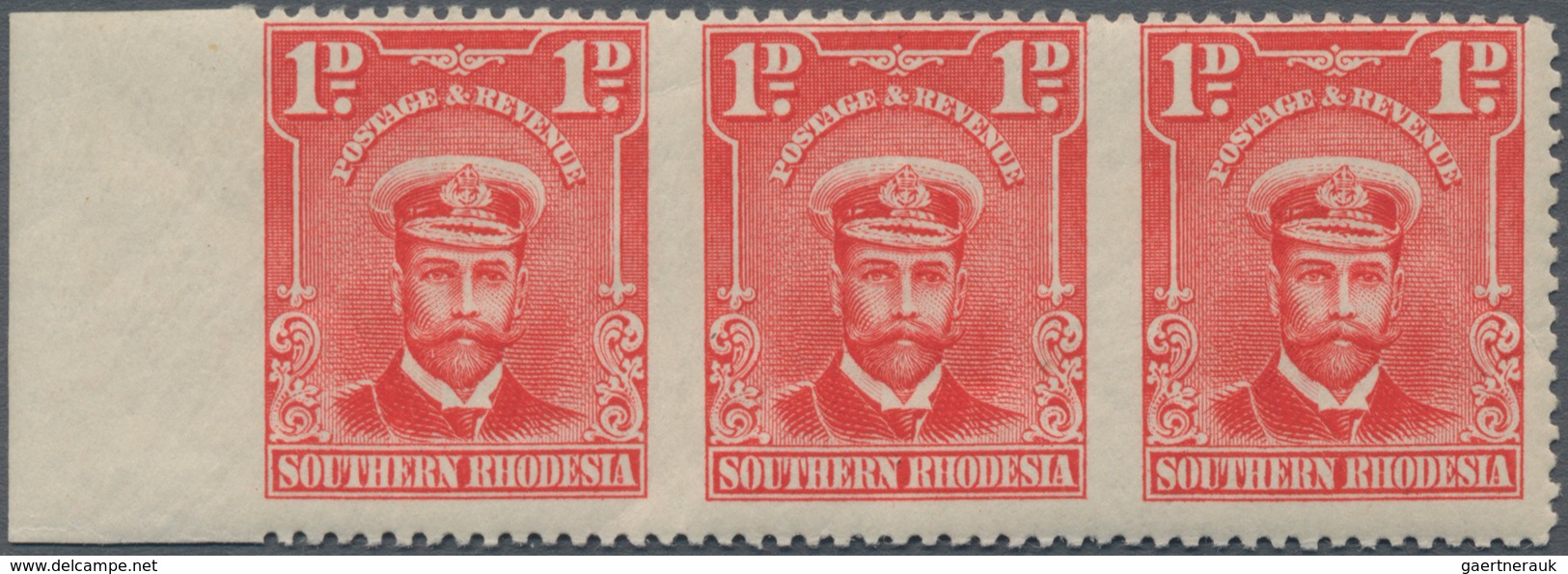 Süd-Rhodesien: 1924-29 KGV. 1d. Bright Rose, Horizontal Strip Of Three With Sheet Margin At Left, IM - Zuid-Rhodesië (...-1964)