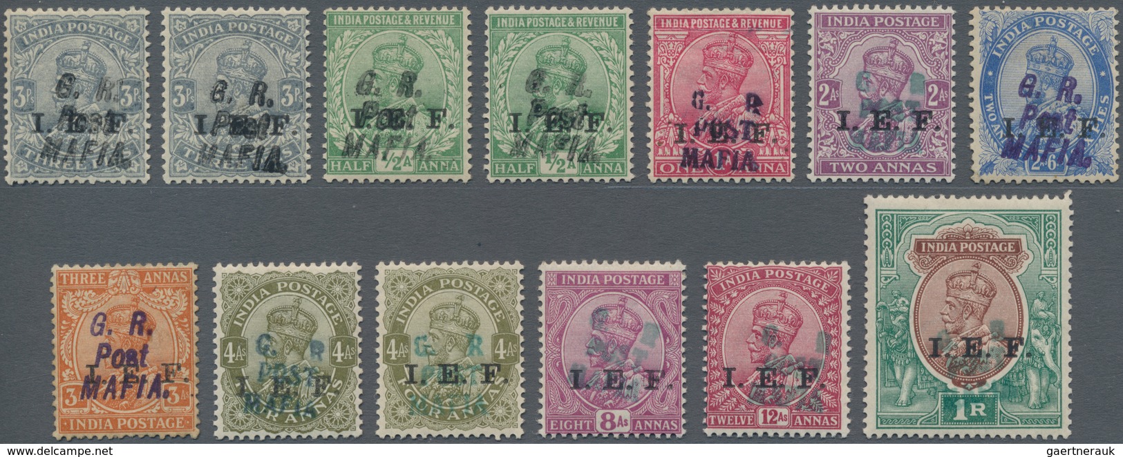 Tanganjika: MAFIA ISLAND 1915-17: KGV. Set Of 13 Indian Stamps Up To 1r. Surcharged "I.E.F." And Opt - Tanganyika (...-1932)