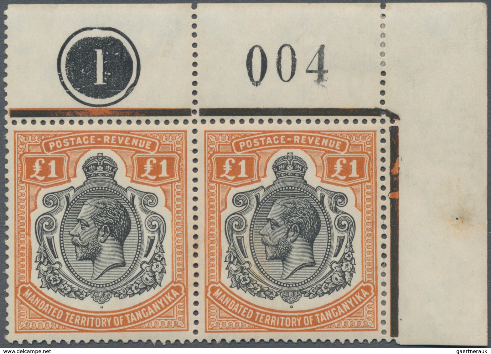 Tanganjika: 1927-31 KGV. £1 Brown-orange, Top Right Corner Pair With Plate No. "1" And Sheet No. "00 - Tanganyika (...-1932)