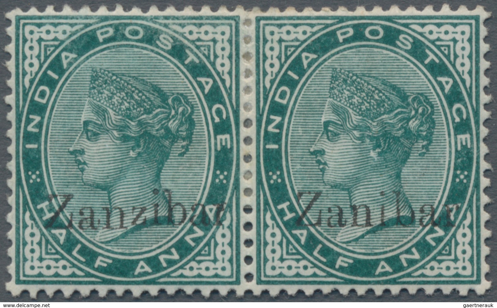 Zanzibar: 1895-96 ½a. Green Horizontal Pair, Right-hand Stamp Showing Ovpt. Variety "Zanibar" For "Z - Zanzibar (...-1963)
