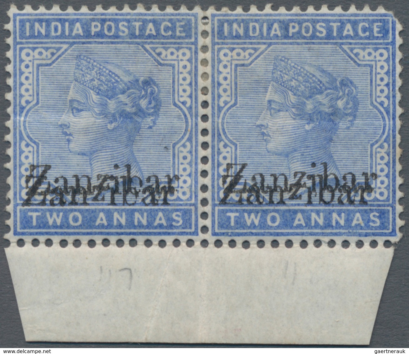 Zanzibar: 1895-96 2a. Blue Bottom Marginal Horizontal Pair Showing Variety "OVERPRINT DOUBLE", Mount - Zanzibar (...-1963)