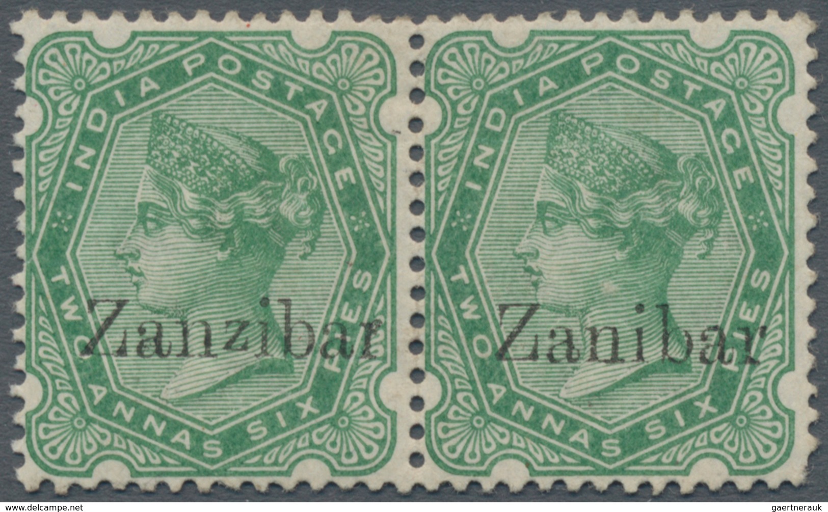 Zanzibar: 1895-96 2½a. Yellow-green Horizontal Pair, Right-hand Stamp Showing Ovpt. Variety "Zanibar - Zanzibar (...-1963)