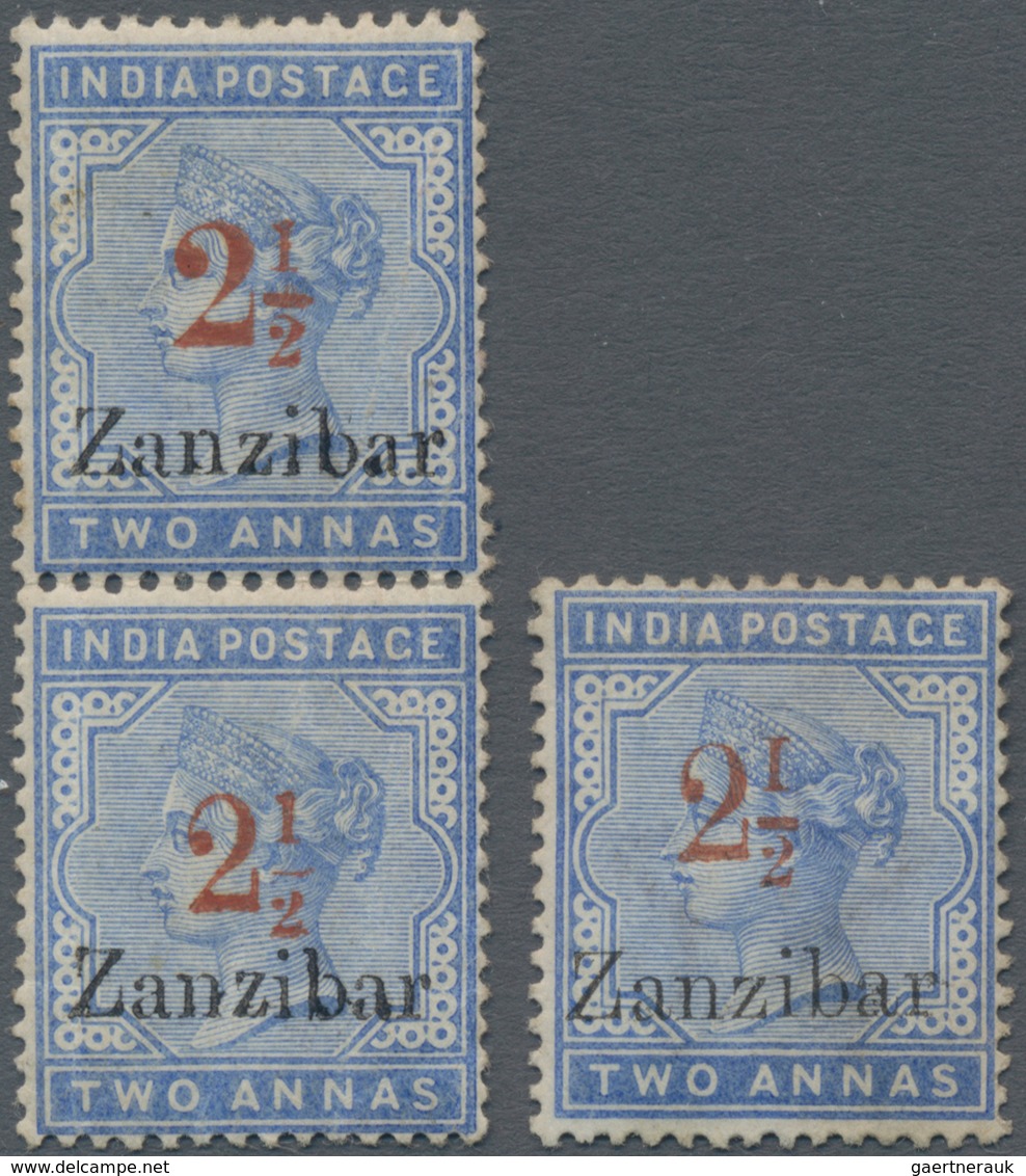 Zanzibar: 1895-98 Provisionals: 2½ On 2a. Pale Blue Vertical Pair With Ovpt. Type 7 (top) And 6 (bot - Zanzibar (...-1963)
