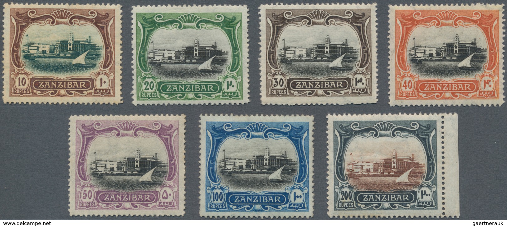 Zanzibar: 1908-09 'View Of Port' High Values, From 10r. To 200r., All Seven Stamps Mint Lightly Hing - Zanzibar (...-1963)