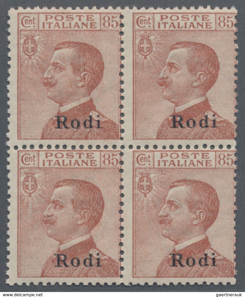 Ägäische Inseln: 1922, Italy Victor Emanuel III, 85c. Red-brown With Black Opt. ‚Rodi‘ Block Of Four - Egeo