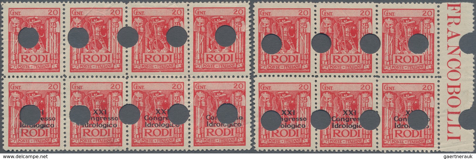 Ägäische Inseln: RHODOS: 1929, 20 C Red In Block Of 8 And Block Of 6, Lower Four And Three Stamps Wi - Aegean