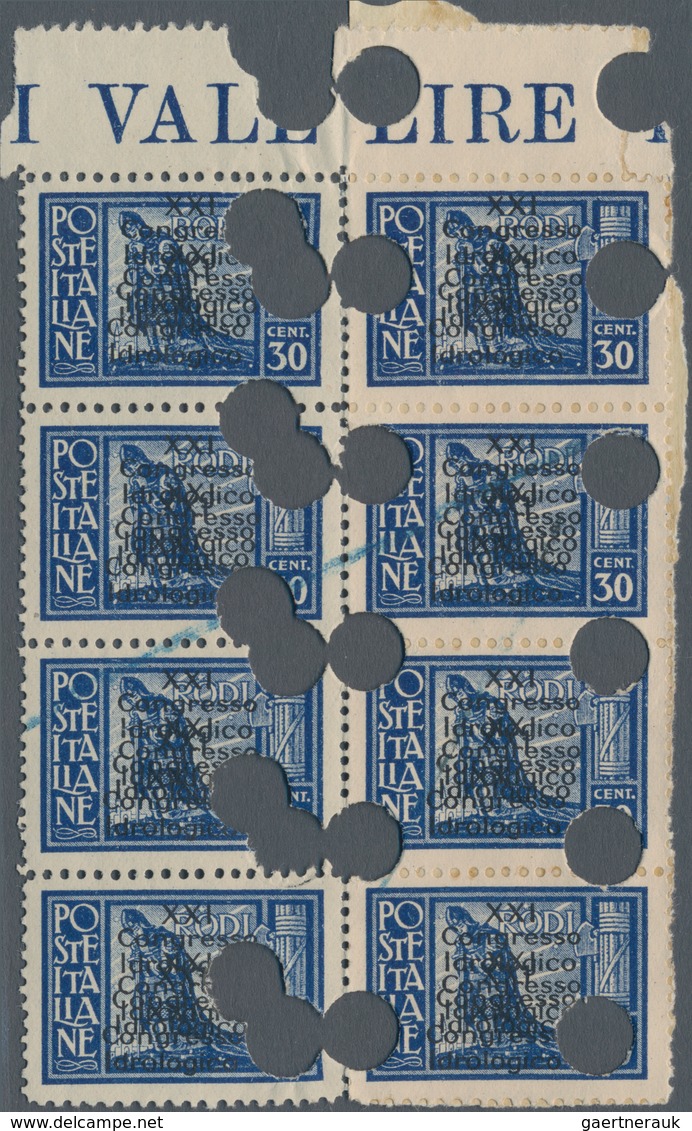 Ägäische Inseln: RHODOS: 1929, 30 C Blue In Block Of Eight With Overprint "XXI. Congresso Idrologico - Aegean