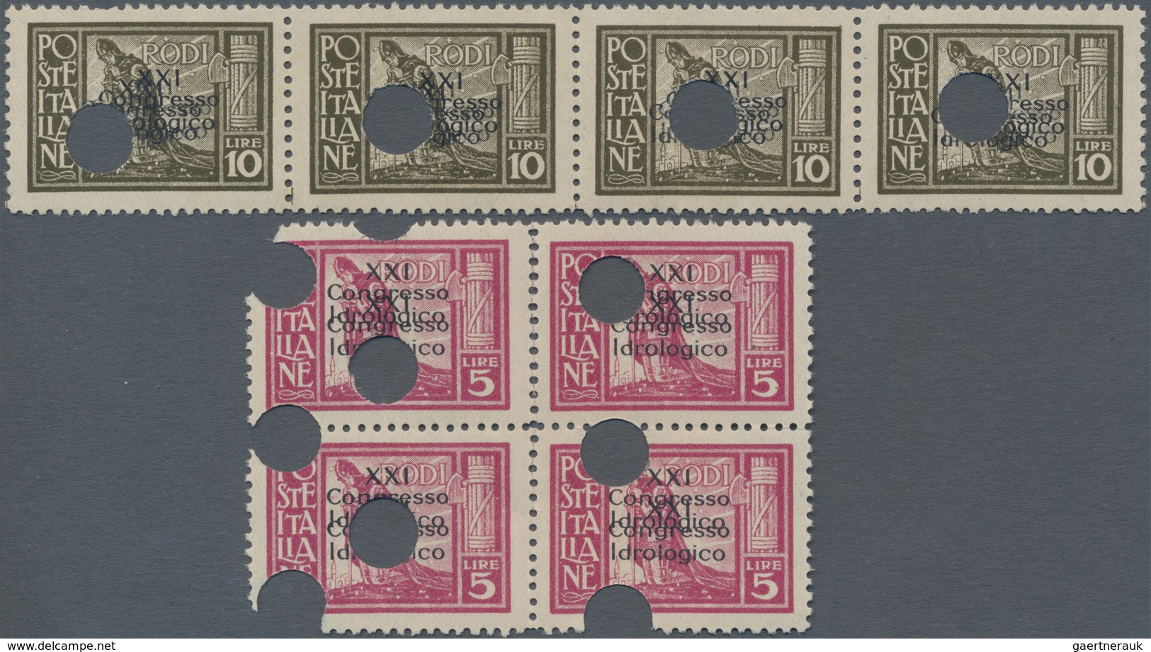 Ägäische Inseln: RHODOS: 1929, 5 L Violet In Block Of 4 And 10 L Brown In Horizontal Stripe Of 4 Wit - Aegean