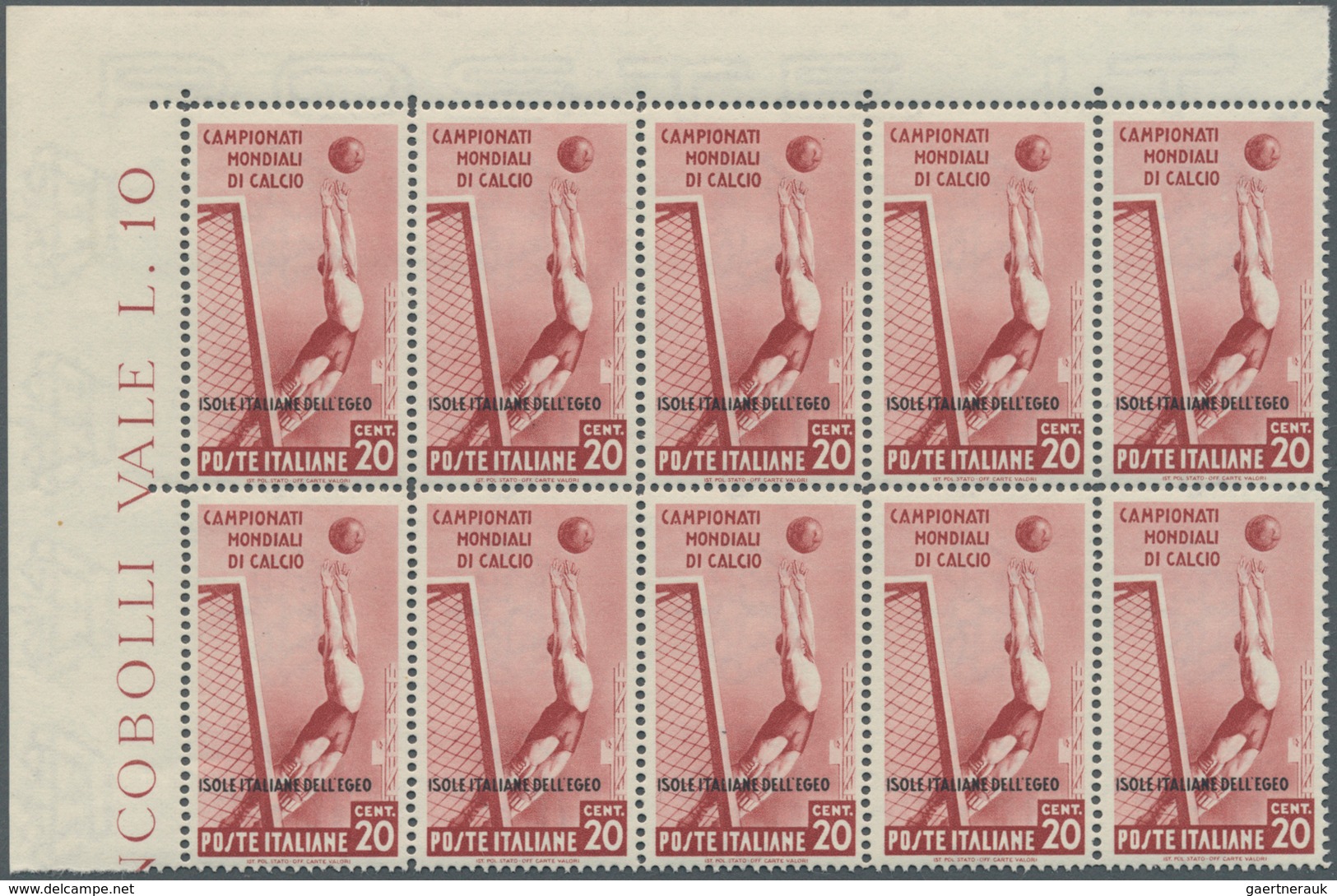 Ägäische Inseln: 1934, Football World Championship In Italy 20c. Brownish-red ‚goalkeeper‘ Block Of - Egée