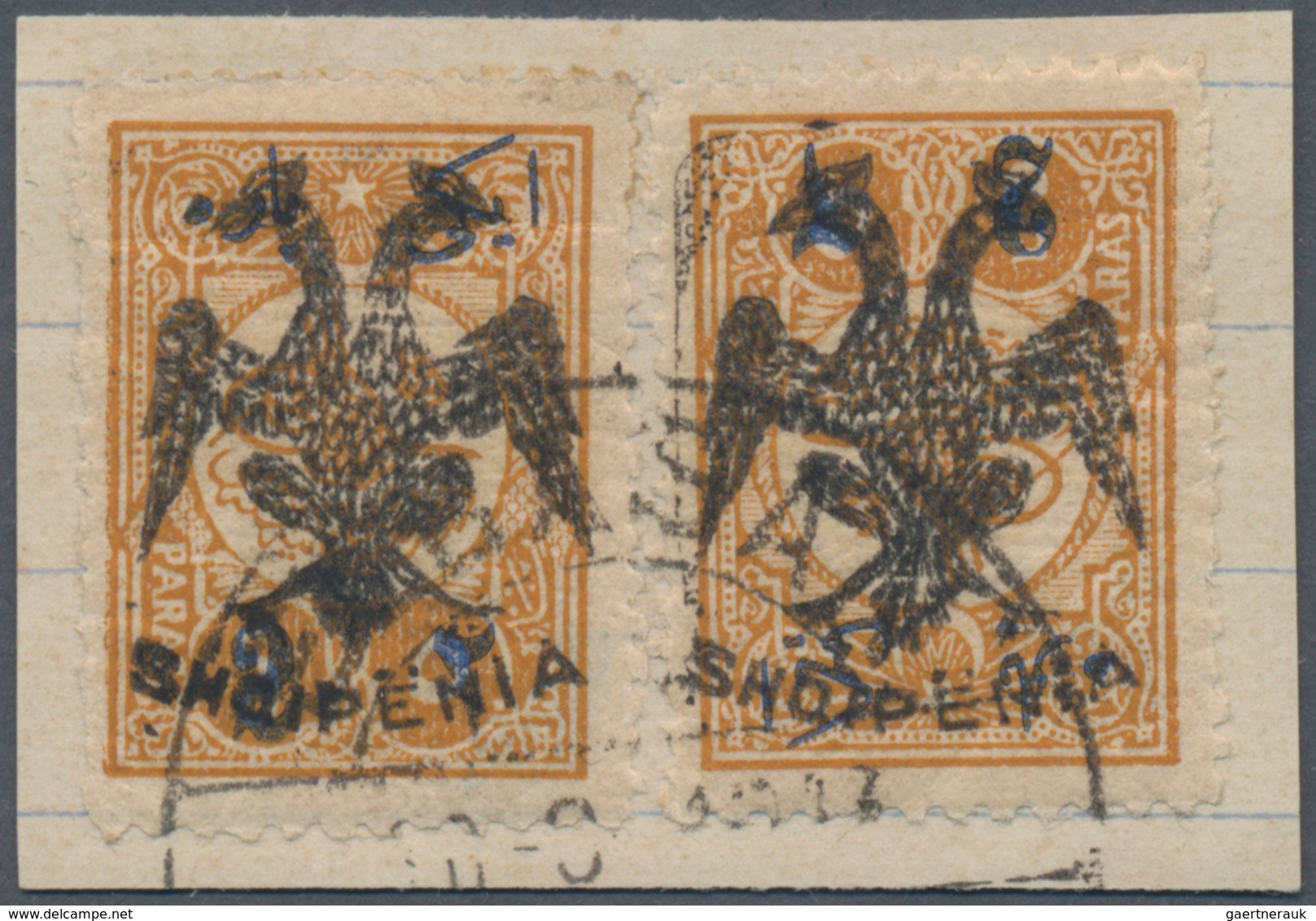 Albanien: 1913, Double Headed Eagle Overprints, 2pa. On 5pa. Ocre, Two Pieces Of Fresh Colour And No - Albanië