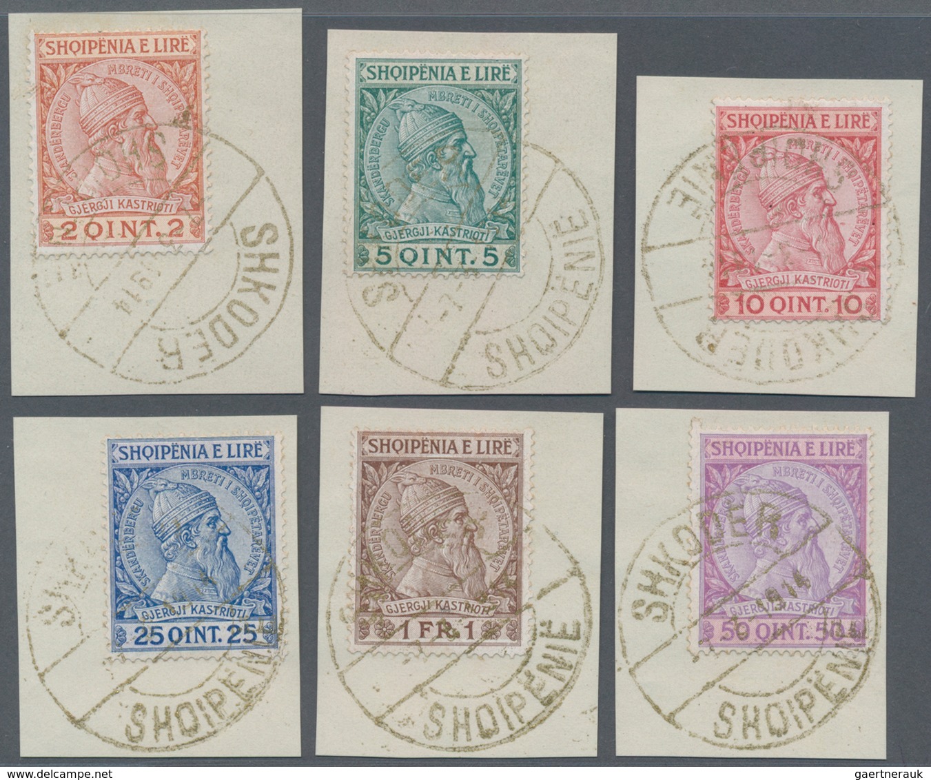 Albanien: 1913, Definitives Skanderberg, 2q.-1fr., Complete Set Of Six Values Each On Piece Neatly C - Albania