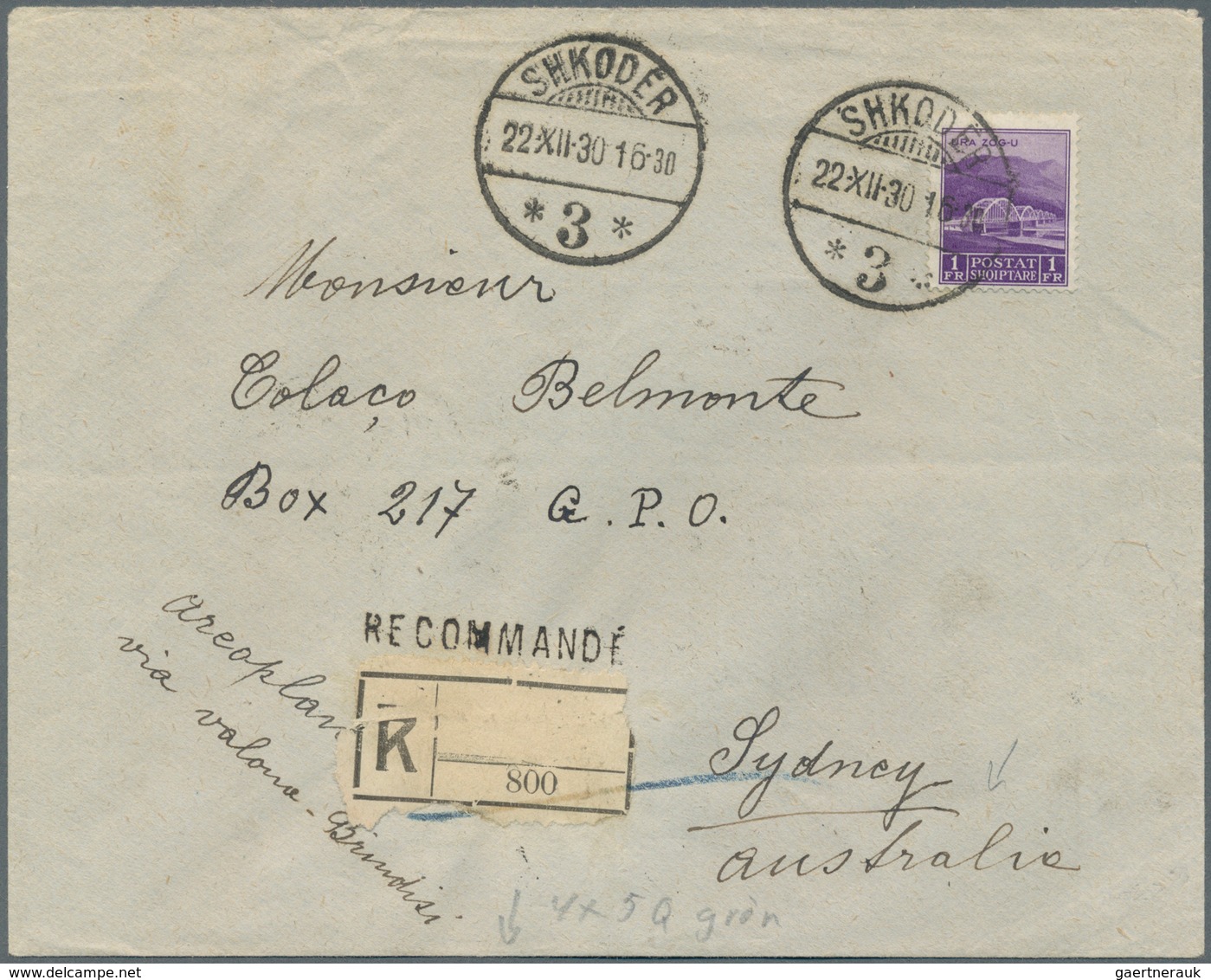 Albanien: 1930 Registered Letter Franked With 4x5 Qind Green And 1 Fr. Violet From Shkoder To Sydney - Albania