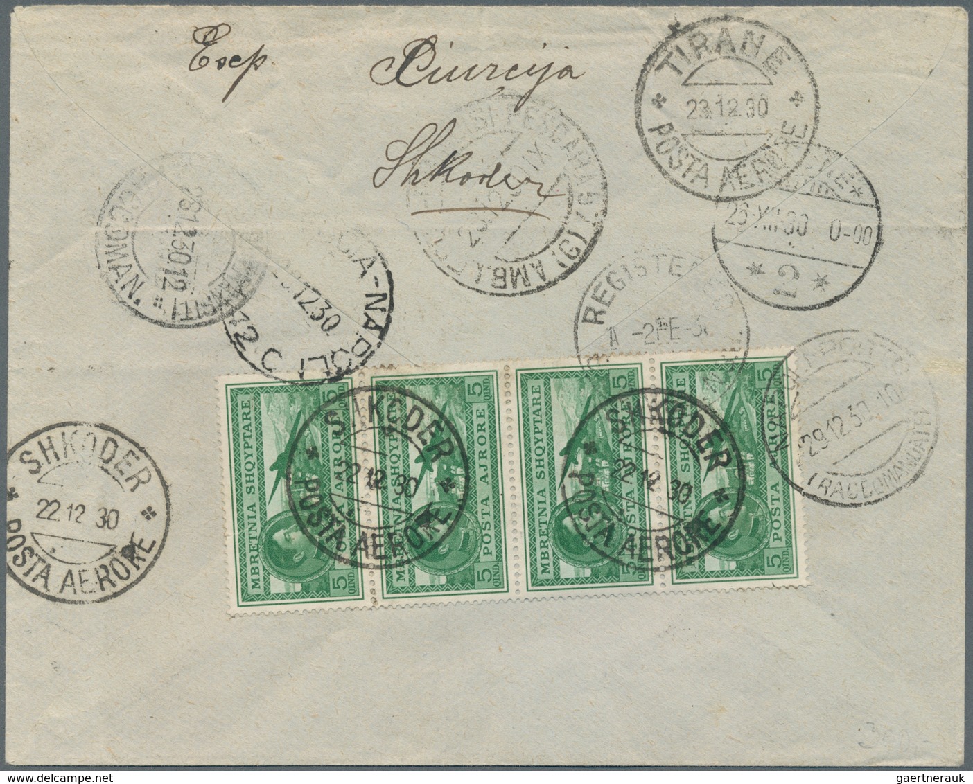 Albanien: 1930 Registered Letter Franked With 4x5 Qind Green And 1 Fr. Violet From Shkoder To Sydney - Albanië