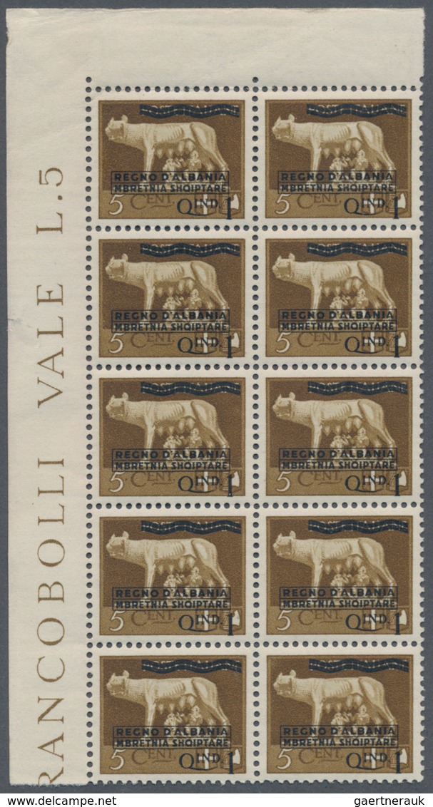 Albanien: 1940, Not Issued Overprints On Italy, 1q. On 5c. Brown, Marginal Block Of Ten From The Upp - Albania