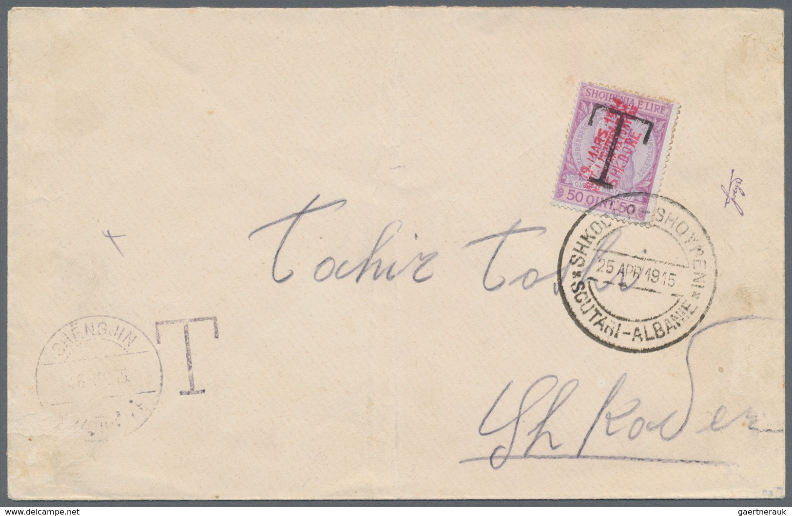 Albanien - Lokalausgaben: 1915. Cover To SCUTARI Despatched Stampless By "SHENGJIN 16.III.15", Hands - Albania