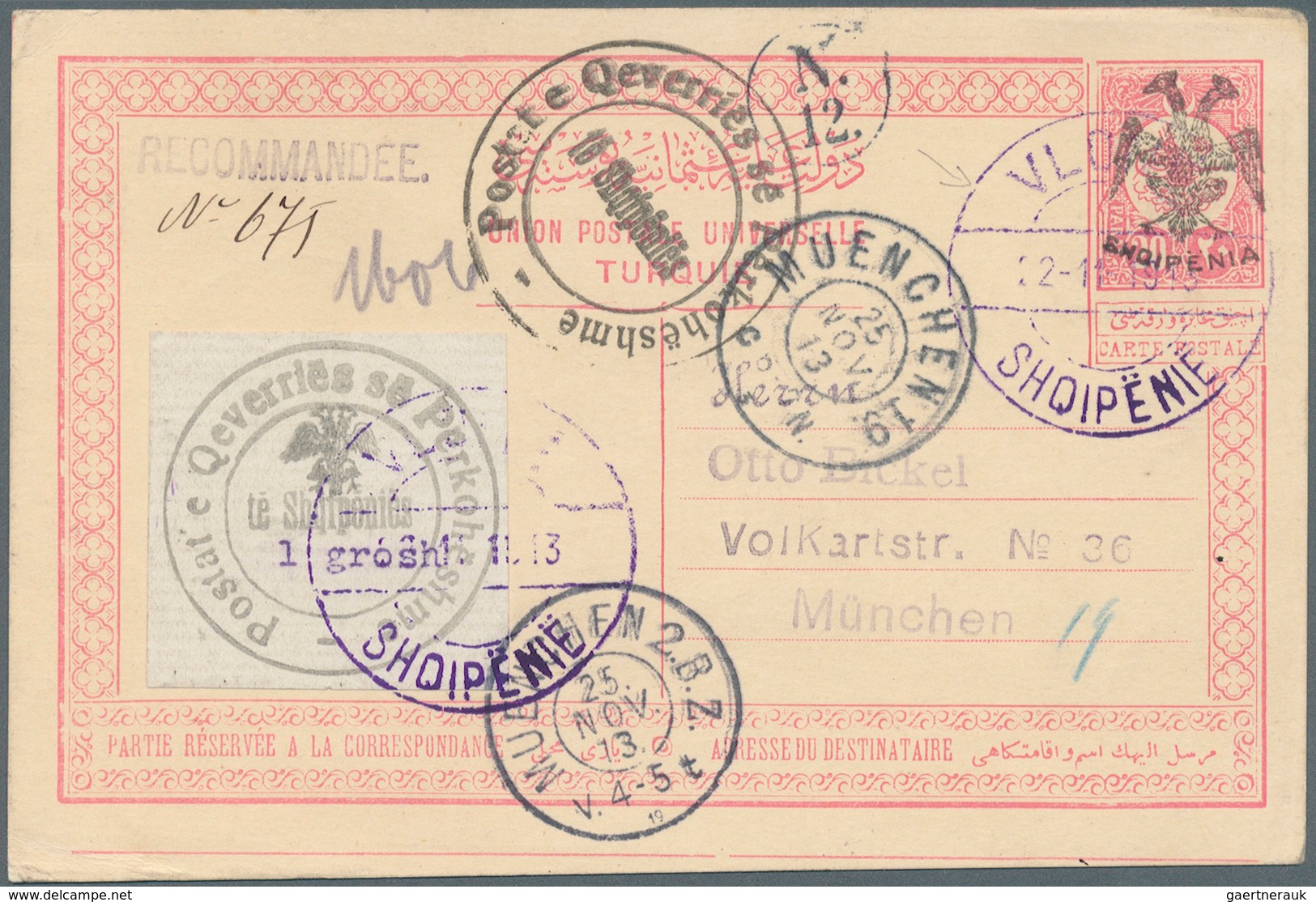 Albanien - Ganzsachen: 1913, Postal Stationery Card 20pa Red (black Handstamp) Additionally With 1gr - Albanië