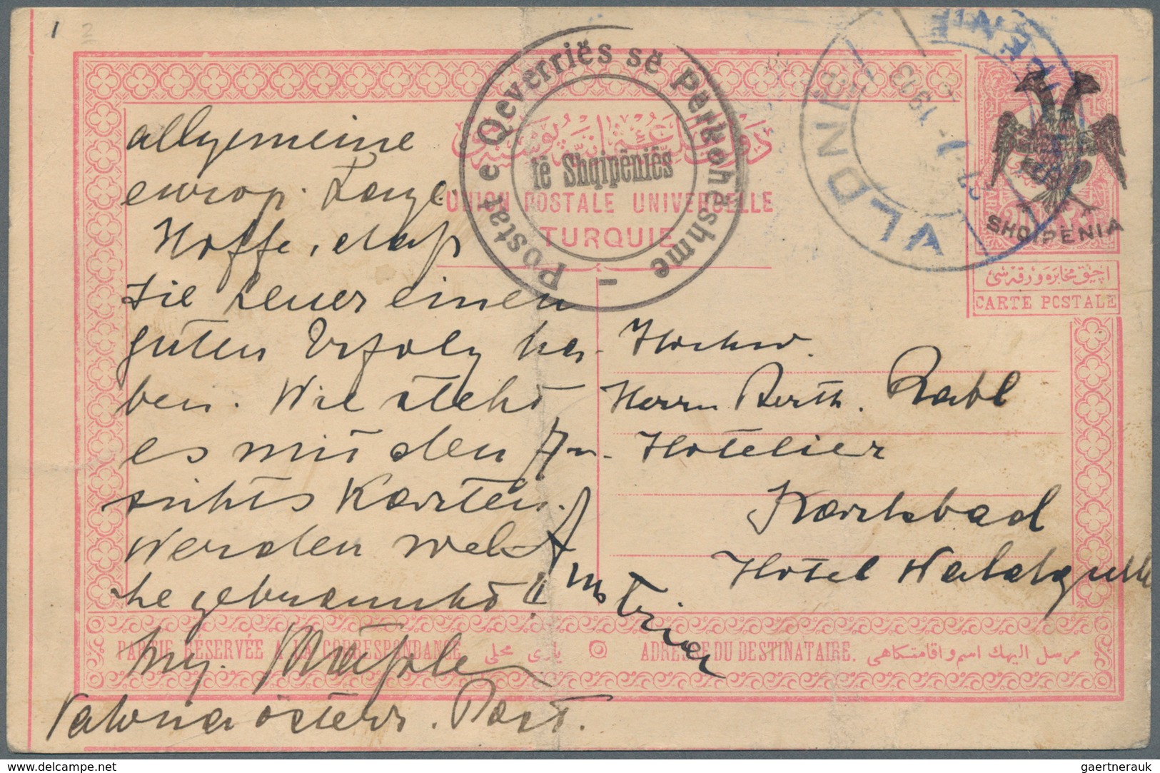 Albanien - Ganzsachen: 1913, 20 Pa Red Turkish Postal Stationery Card With Hand-stamped Double-heade - Albania