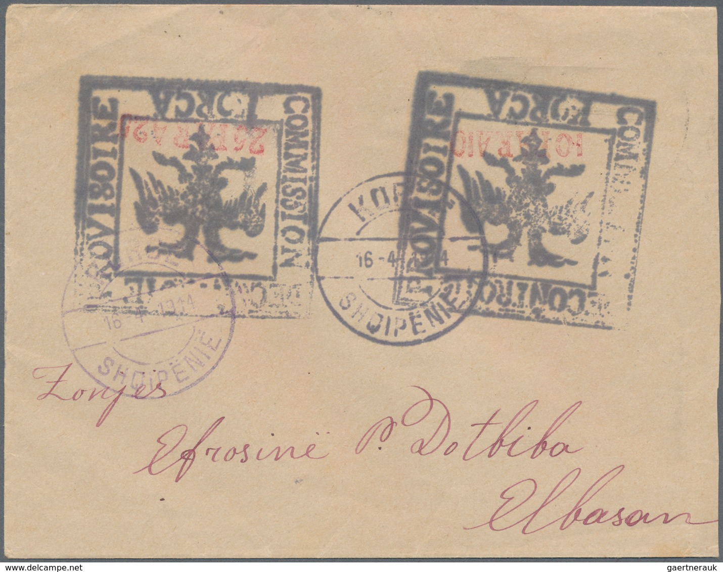 Albanien - Ganzsachen: KORCA: 1914, Stationery Envelope Bearing BOTH Imprints 10pa. Red On Black And - Albanië