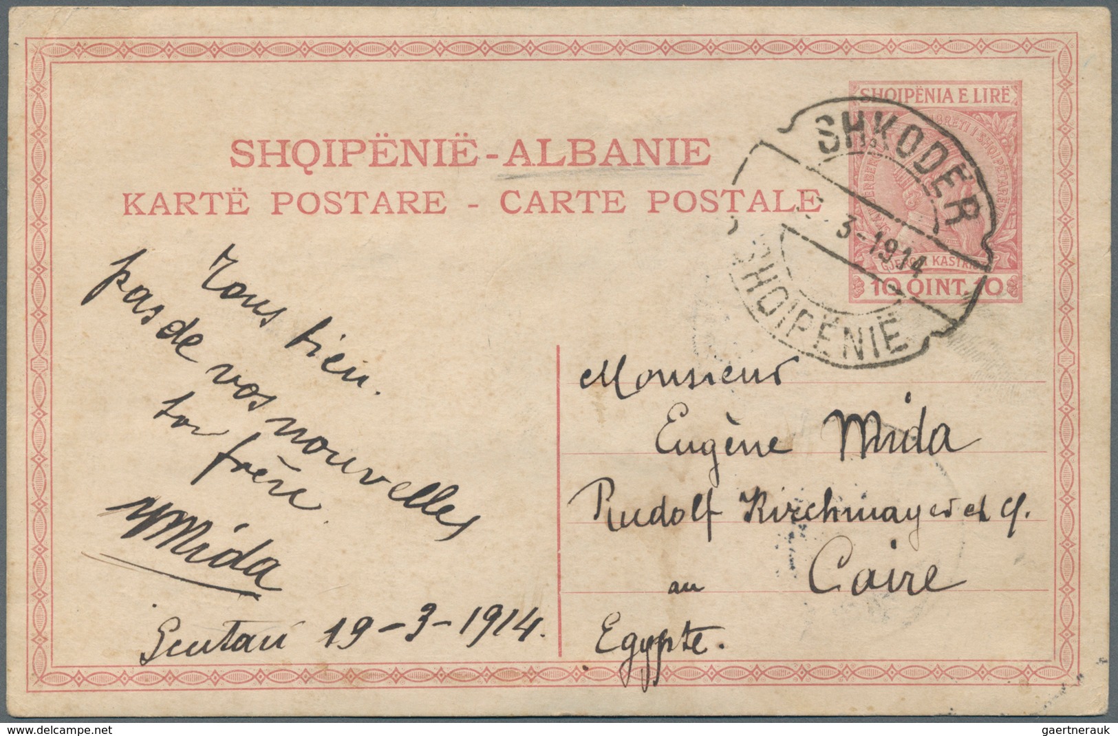 Albanien - Ganzsachen: 1914 Postal Stationery Card 10 Qint Rose From Shkoder To Caire Egypt, Rare De - Albanië