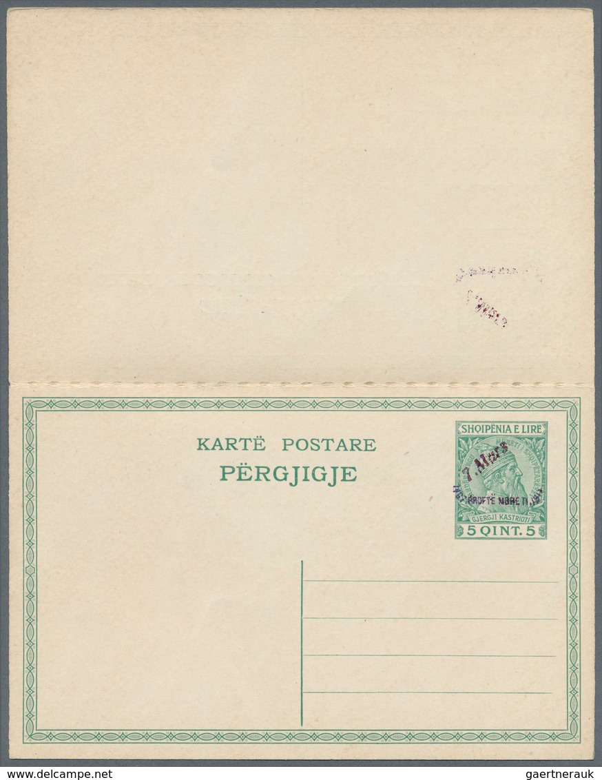 Albanien - Ganzsachen: 1914, "7.Mars" Handstamp On Complete Double Cards 5q. + 5q. Green And On 10q. - Albania