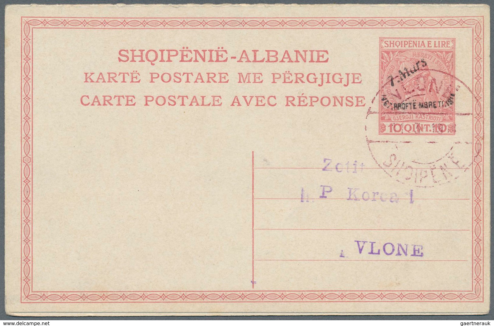 Albanien - Ganzsachen: 1914, "7.Mars" Handstamp On Complete Double Cards 5q. + 5q. Green And On 10q. - Albania