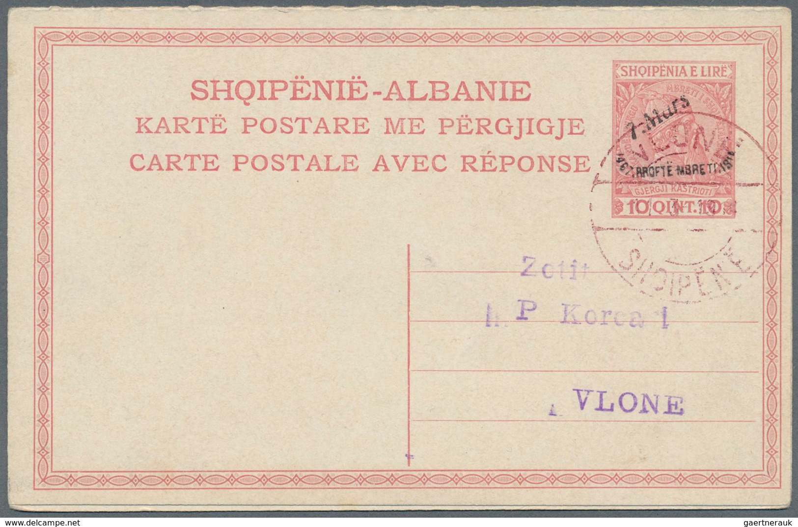 Albanien - Ganzsachen: 1914, "7.Mars" Handstamp On Complete Double Cards 5q. + 5q. Green And On 10q. - Albanië