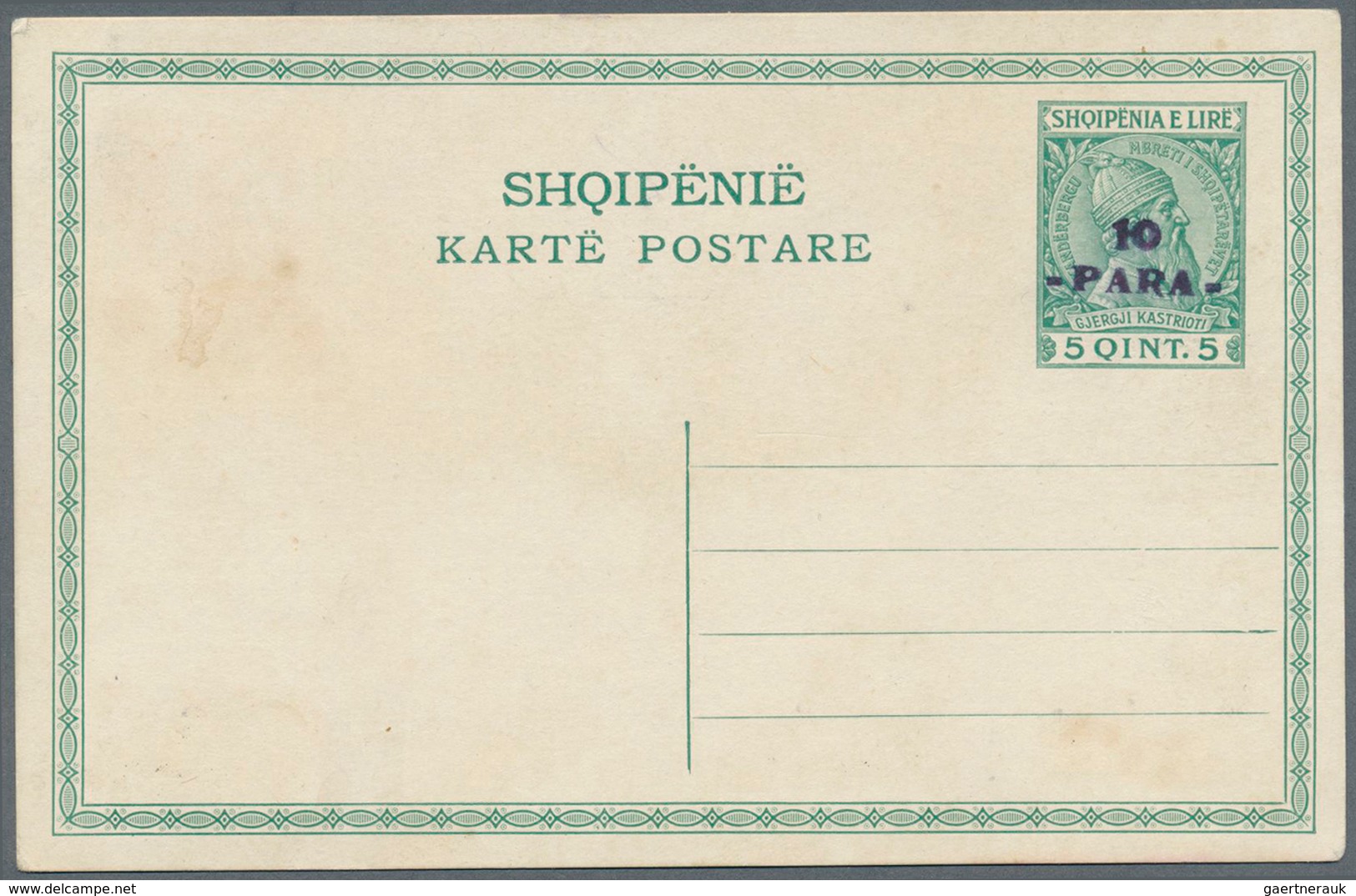 Albanien - Ganzsachen: 1914, 10 PARA On 5q. Green, Stationery Card, Unused, Few Small Stains. - Albanien