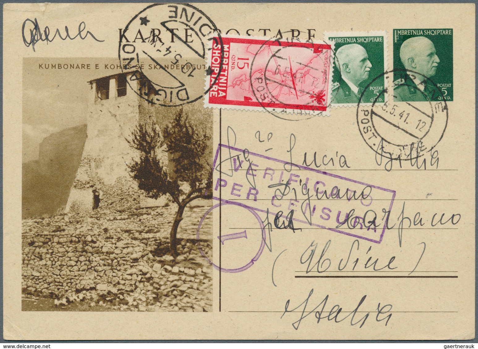 Albanien - Ganzsachen: 1941, 5 Q Green Postal Stationery Picture Postcard (Kumbonare) With Additiona - Albanië