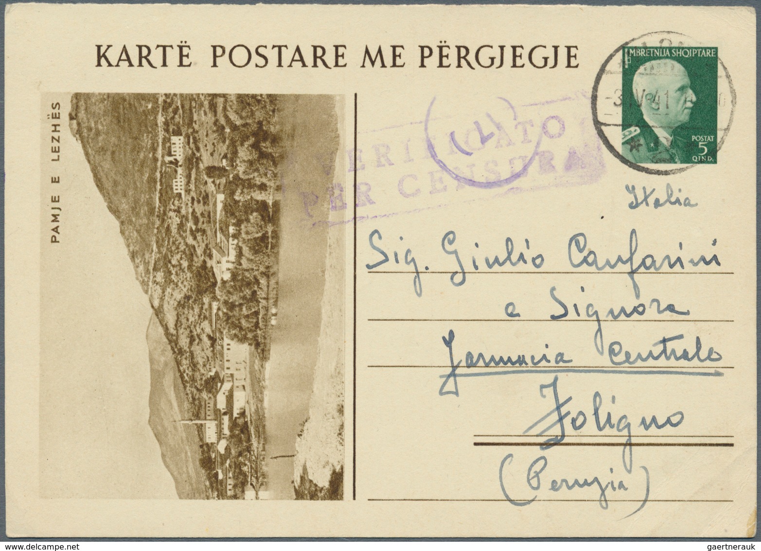 Albanien - Ganzsachen: 1941, 5 Q Green Postal Stationery Picture Replay Card (Pamje E Lezhes) With C - Albania