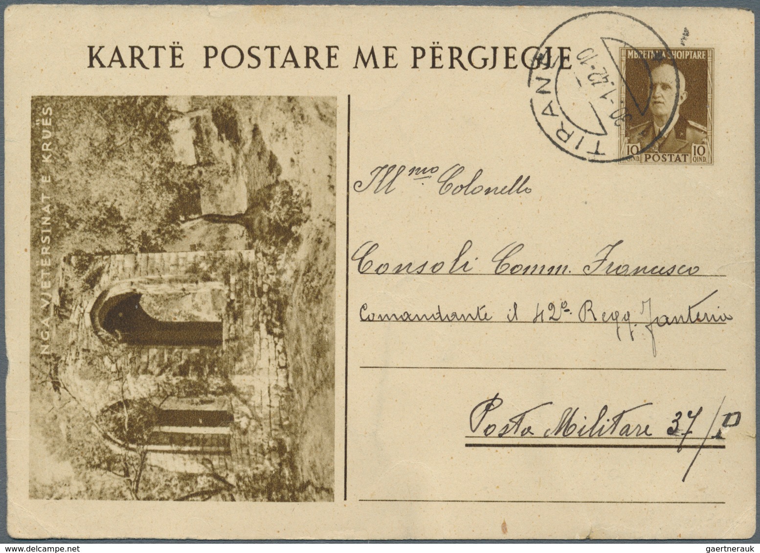 Albanien - Ganzsachen: 1942, 10 Q Brown Postal Stationery Picture Replay Card (NGA Vjetersinat) From - Albanien