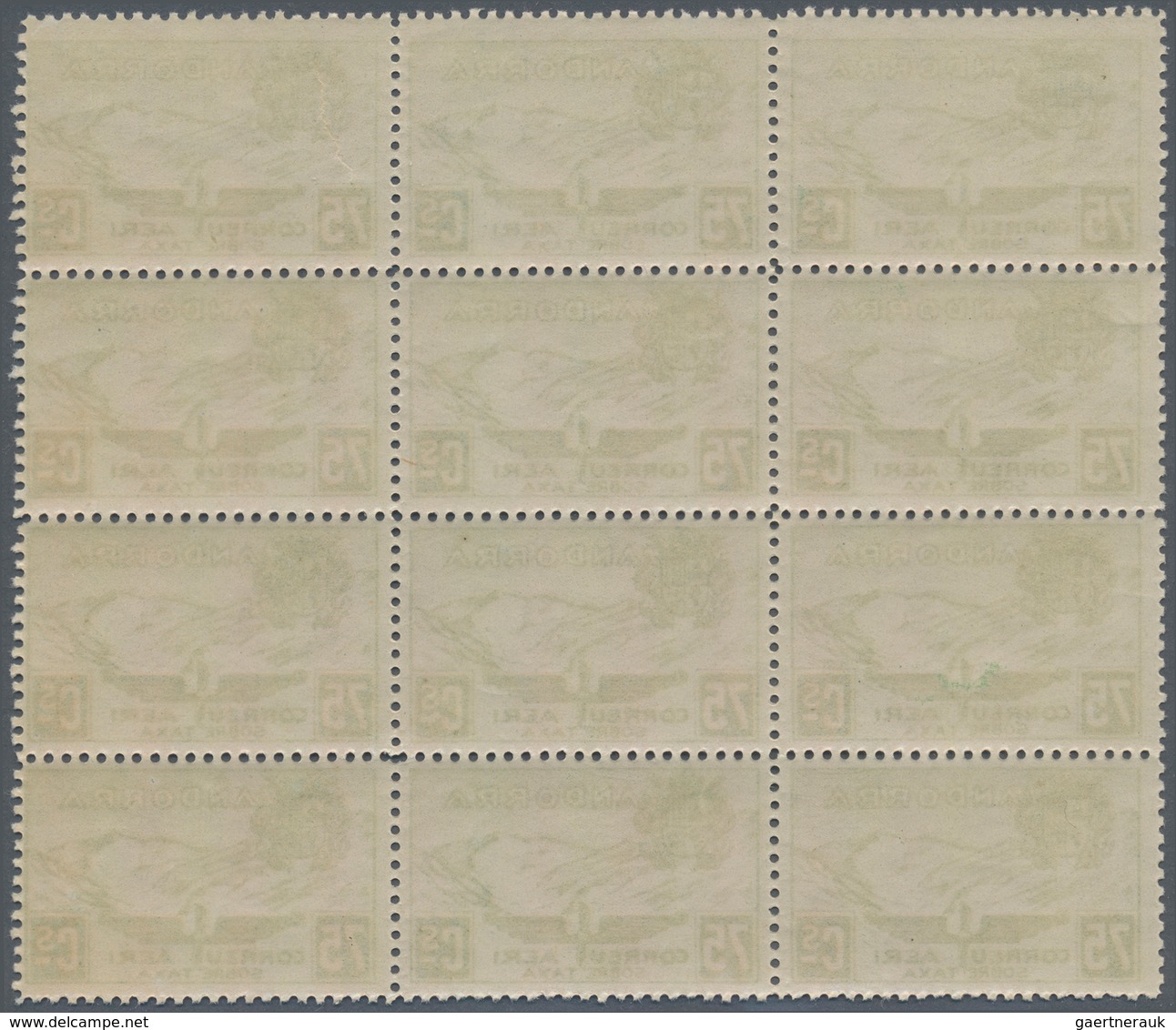 Andorra - Spanische Post: 1932, not issued airmail set of 12 in blocks of twelve, mint never hinged