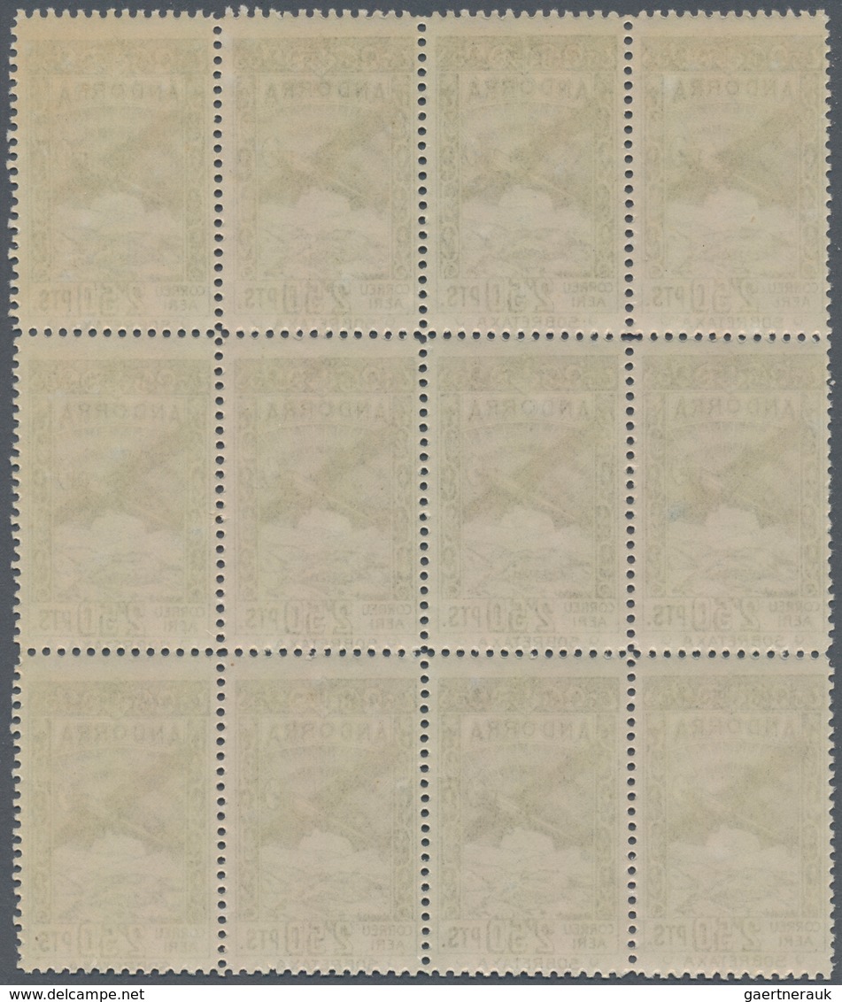 Andorra - Spanische Post: 1932, not issued airmail set of 12 in blocks of twelve, mint never hinged