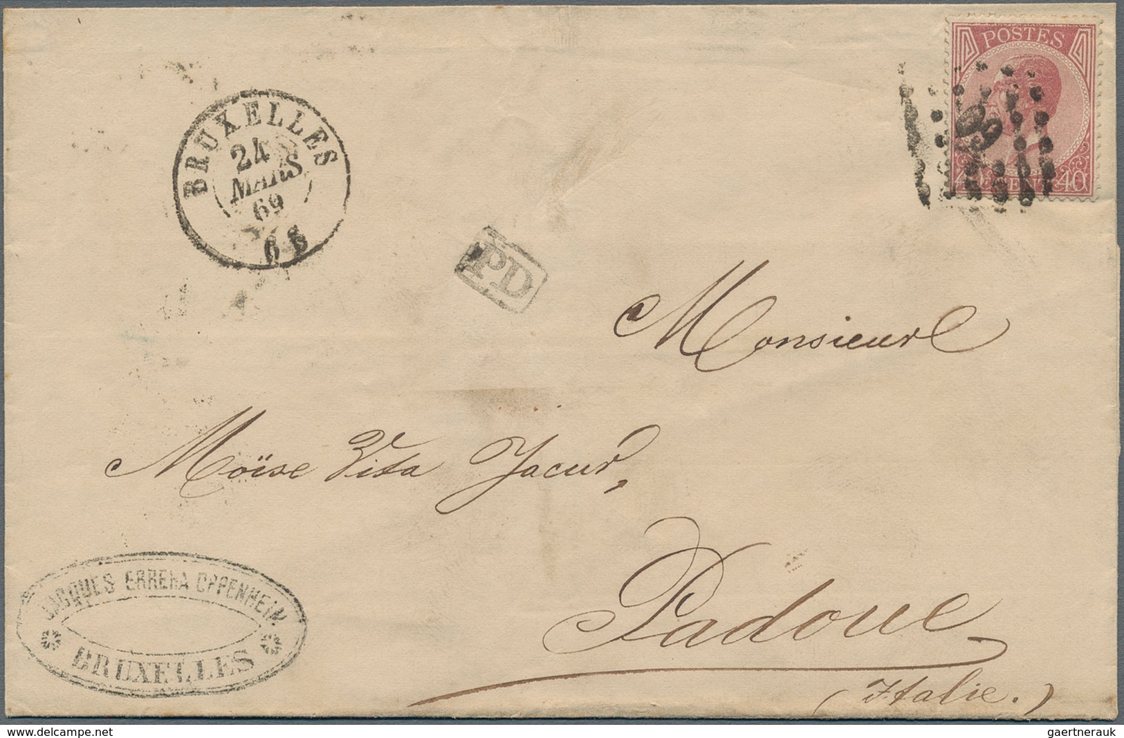 Belgien: 1869, 40c. Rose, Single Franking On Lettersheet From "BRUXELLES 24 MARS 69" To Padua/Italy - Unused Stamps